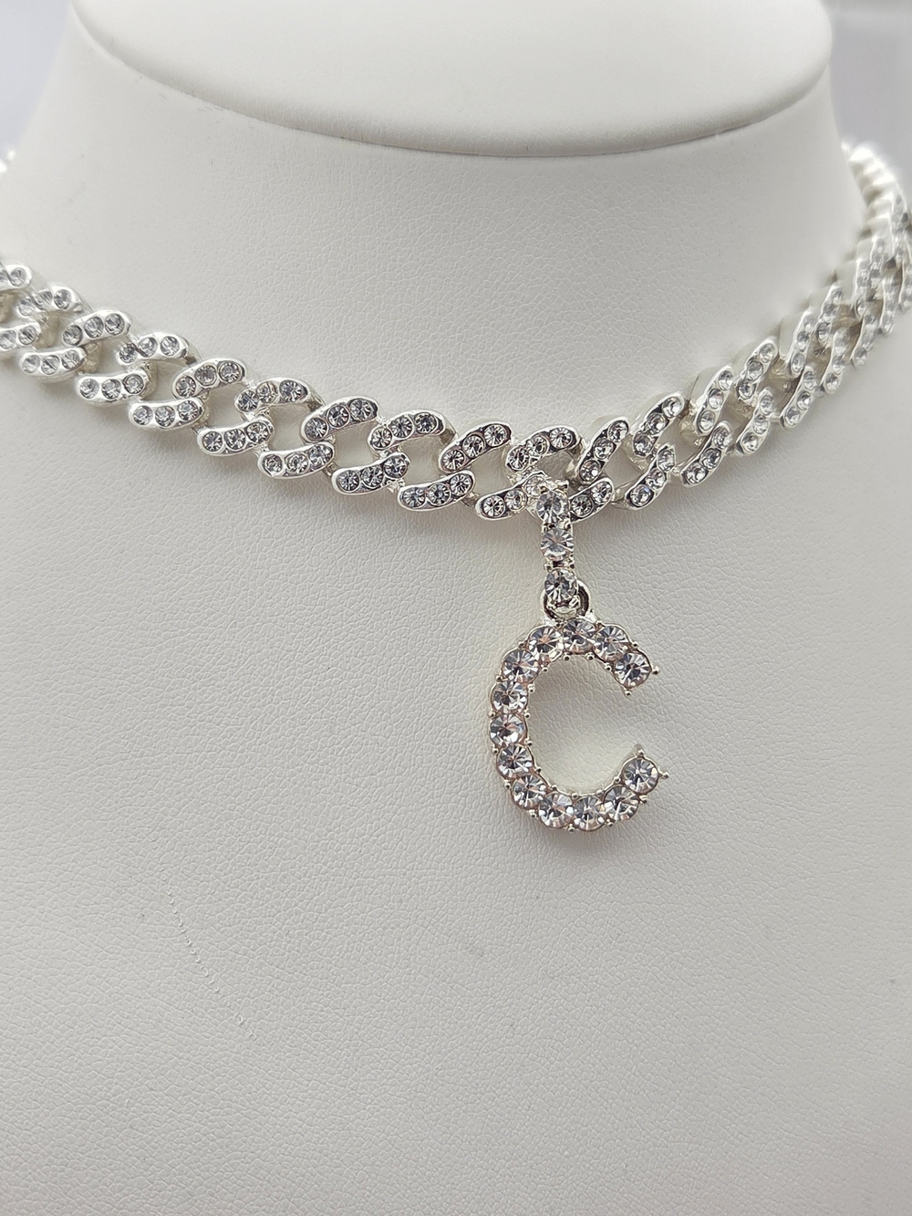 Silver Rhinestone Initial 'C' Cuban Link Choker Necklace - 13" (Small)